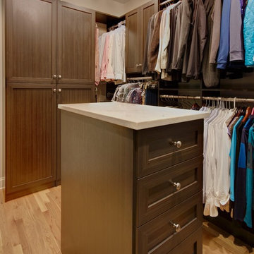 Custom Walk-In Closet w/ Island in Dark Chocolate wood finish