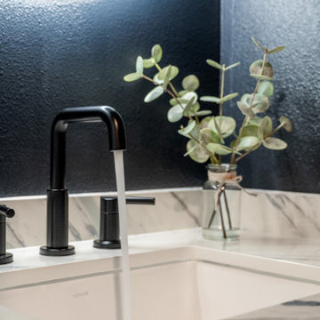 Modern Navy Powder Room with Built-In Wood Vanity and Quartz Top