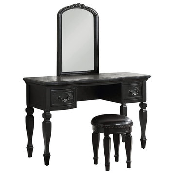 Mid Century Vanity Set, Arched Mirror & 2 Side Drawers With Stool, Black