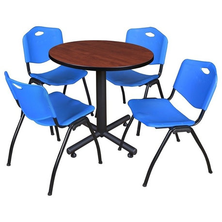 Kobe 30" Round Breakroom Table, Cherry and 4 'M' Stack Chairs, Blue