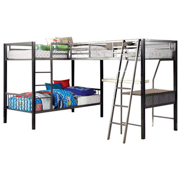 Metal Triple Twin Bunk Bed with Desk, Silver