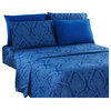 6 Piece: Luxury Paisley Printed Bed Sheet set, Twin 4 Piece, Navy Blue, Queen