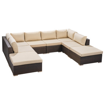GDF Studio Emma Outdoor 6 Seater Wicker Sofa Set With Frame and Cushions, Multib
