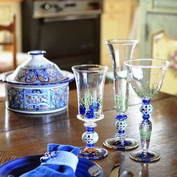 Blue Floral Hand Painted Glassware Collection