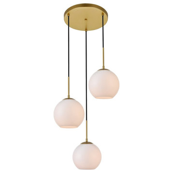 Midcentury Modern Brass And Frosted White 3-Light Pendant