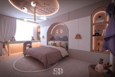 This is an example of a medium sized contemporary toddler’s room for girls in West Midlands with purple walls, carpet, beige floors, panelled walls and feature lighting.