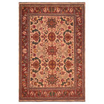 Bareens Designer Rugs - Antique Kargahi Bernardi Beige/Rust Wool Rug - 8'3'' x 10'10'' - Create a new dimension of style in your home with this breath-taking semi-antique hand knotted Kargahi rug featuring incredible luxurious texture and appearance. Featuring vibrant awe-inspiring color pallet with an intricate geometrical design inspired by Uzbek and Kazak style, these one-of-a-kind rugs are a unique piece of world art that will enhance your living space. Made by skilled Uzbek Afghan master weavers in hand-spun wool and all vegetable dyes, Kargahi rugs blend in traditional to modern decor seamlessly.