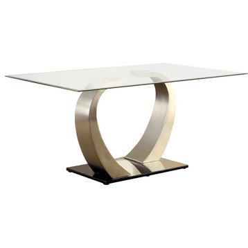 Contemporary Dining Table, Pedestal Base With Tempered Glass Top, Silver/Black