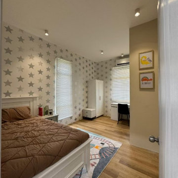 Kids Bedroom Full Layout – Custom Wardrobe, Study Desk & Themed Wallpaper
