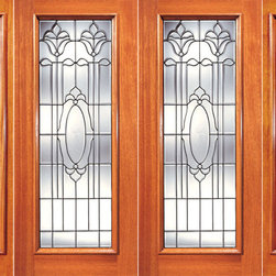 Double Door with Two Sidelite, Full Lite Twin Flower Design Glass - Front Doors