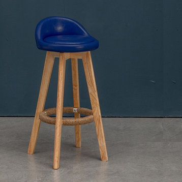 Retro-Styled Rotating High Bar Stool Made of Solid Wood, Blue, Wax Oil Leather