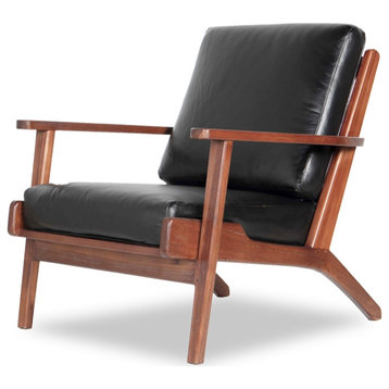 Pemberly Row Mid-Century Wood/Leather Accent Armchair in Black/Walnut