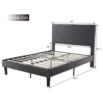Queen Size Metal Bed Frame with Geometric Upholstered Headboard