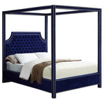 Meridian Furniture - Rowan Velvet Upholstered Bed, Navy, King - Ensure that every night's sleep is a dreamy escape with this Rowan Navy Velvet Bed as the centerpiece of your bedroom sanctuary. This bed features a velvet-clad canopy that beckons you to rest like royalty. The deeply detailed tufting on the scalloped headboard makes for a sumptuous presentation, and the chrome nail heads add to the luxe look of this exquisite bed.
