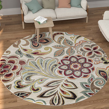 Dilek Transitional Floral Area Rug, Ivory, 5'3'' Round