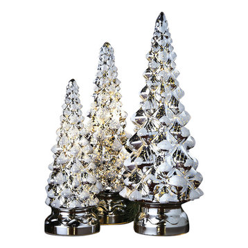 LED Tree Decor - Set of 3 Lighted Mercury Glass Christmas Trees