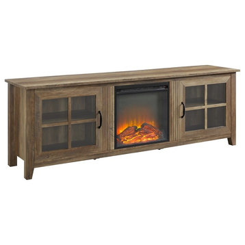 70" Farmhouse Wood Fireplace TV Stand with Glass Doors - Rustic Oak