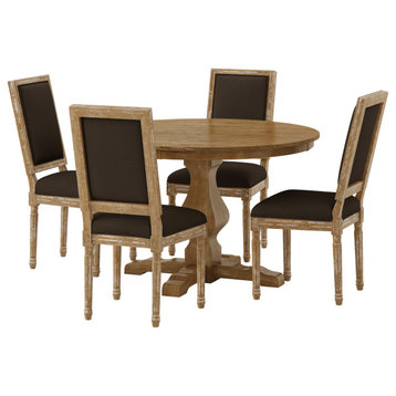 Merlene French Country Fabric Upholstered Wood 5-Piece Circular Dining Set, Natural/Brown