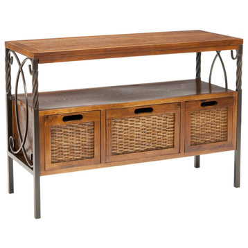 Rustic Console Table, Twist Metal Frame & Drawers With Wicker Front, Dark Walnut