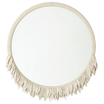 Couture Round Leather Feather Fringe Wall Mirror 36", Ivory