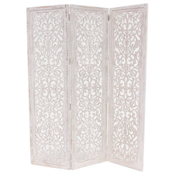Classic Room Divider, 3 Panels With Intricate Floral Carved Detail, Rustic White