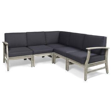 Capri Outdoor 5-Piece Acacia Wood Sectional Sofa Set, Light Gray and Dark Gray