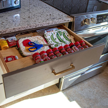 2 Tone Gray Kitchen with Quartz Countertop and Crackle Tile Backsplash