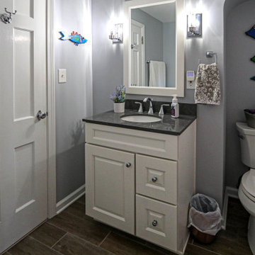 Guest Bathroom White Vanity with Carrara Quartz Countertop and Clawfoot Tub