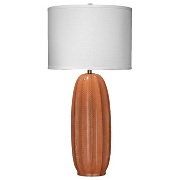 Tan Leather Visible Stitched Leather Scalloped Column Table Lamp 22 in Brown