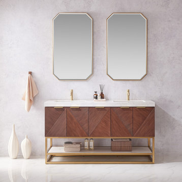 Mahon Bath Vanity, Stone Top, Brushed Gold Base, 60", Double Vanity, With Mirror