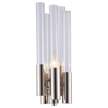 Clear Glass Wall Sconce, Shiny Nickel