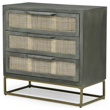 Mid Century Modern Storage Cabinet, 3 Drawers With Rattan Front & Golden Pulls