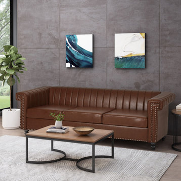 Donley Contemporary Channel Stitch 3 Seater Sofa with Nailhead Trim, Cognac + Da