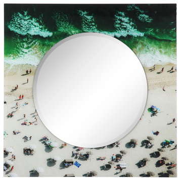 "Beach" Square Beveled Wall Mirror on Floating Printed Tempered Art Glass