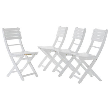 Set of 4 Outdoor Dining Chairs, Folding Design With Slatted Open Backrest, White
