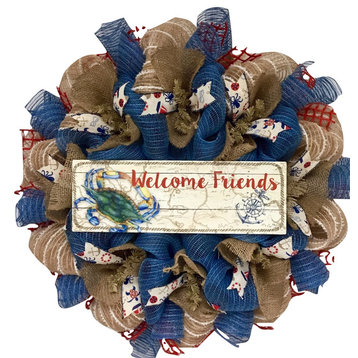 Welcome Friends Nautical Crab Wreath Handmade Deco Mesh