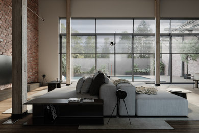 Modelo de salón para visitas abierto de estilo de casa de campo grande con paredes blancas y televisor colgado en la pared