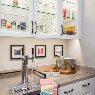 オースティンの中サイズのトランジショナルスタイルのおしゃれなウェットバー (ガラス扉のキャビネット、白いキャビネット、ラミネートカウンター、グレーのキッチンパネル) の写真