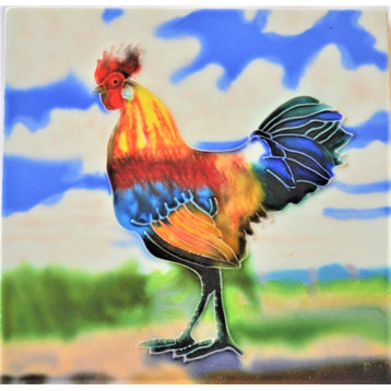 6x6" Yellow and Blue Rooster Ceramic Art Tile Hot Plate Trivet and Wall Decor