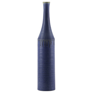 Round Ceramic Trumpet Mouth Bottle Vase Coated Rough Navy Blue Finish, Medium