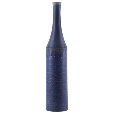 Round Ceramic Trumpet Mouth Bottle Vase Coated Rough Navy Blue Finish, Medium