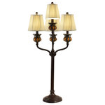 Dale Tiffany - Dale Tiffany Springdale 39" Amber Bedalo 4-LT Buffet Lamp, Bronze - Chandelier meets buffet lamp in our Amber Bedalo 4-Light Buffet Lamp. The tall fixture, finished in Antique Bronze, features a metal base with a round pedestal and sleek center column. At the top of the center column, 4 curved arms radiate outward. Each arm is topped with a matching candle cup with oval amber art glass insets. Each is them paired with a gently flared and pleated shade in natural fabric that perfectly complements the lamp's colors. Perfect when displayed in pairs on a console table or buffet, our Amber Bedalo 4- Light Buffet Lamp also makes a one of a kind stand-alone table lamp you will proudly display for many years to come.