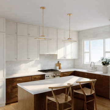 Refined Balance: Warm White & Oak Cabinets with Brass Hardware