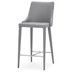 Zuri Furniture - Jillian Gray Leatherette Counter Stool with Stainless Steel Base - The Jillian Counter Stool combines classic elements and a contemporary vibe. It features a padded seat and supportive form-fitting curved backrest upholstered in soft leatherette in your choice of plain gray or black with white piping. The legs are also wrapped in leatherette and accented with a polished stainless steel crossbar for added stability. An excellent choice for your kitchen island or bar, the Jillian Counter Stool is a transitional piece that can lend itself well to a variety of different themes and styles. Pair it with the matching dining chair or bar stool to transform any space into your own mini cafe. This product is suitable for indoor use only.