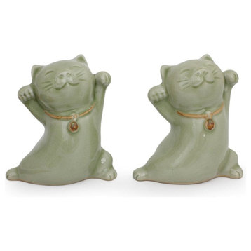 Good Luck Cats, Pair Celadon Ceramic Statuettes, Thailand