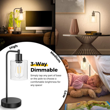 3-Way Dimmable Bedside Nightstand Reading Lamps with Glass Shade for Bedroom