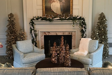 Living room - small traditional formal and open concept carpeted and gray floor living room idea in Other with no tv, white walls, a standard fireplace and a stone fireplace