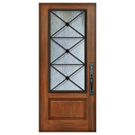 Knockety - Republic Fiberglass Door, Rain Glass, Left Hand Inswing - Comes in GunStock finish, Pre-Hung and Pre-Finished