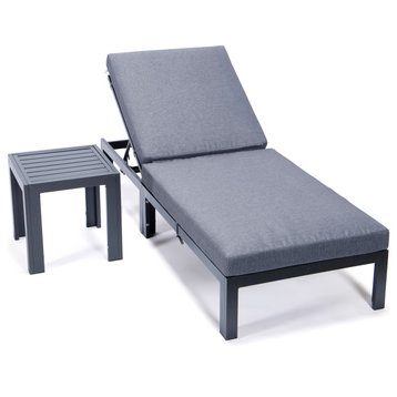 LeisureMod Chelsea Chaise Lounge Chair With Cushions & Side Table, Blue