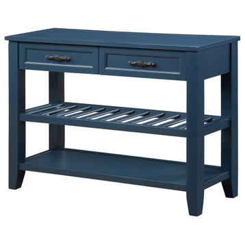 TATEUS Retro Style Solid Wood Console Table With Storage Drawers, Navy Blue